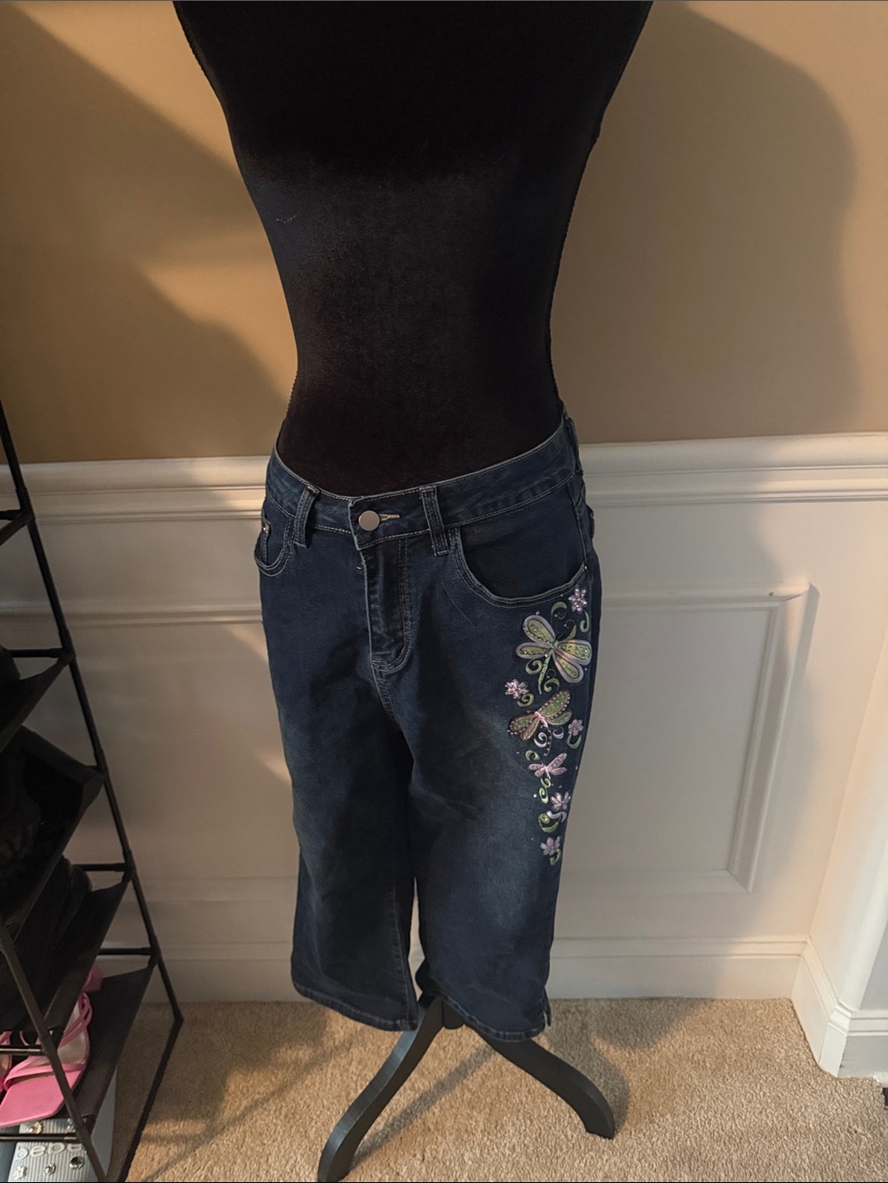 Embroidered Dark Blue Denim Capri Shorts